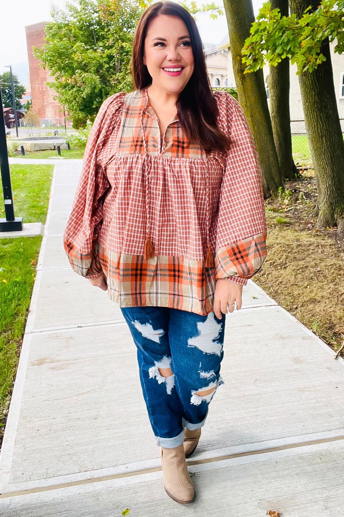 Under Your Spell Rust Plaid Color Block Notch Neck Top