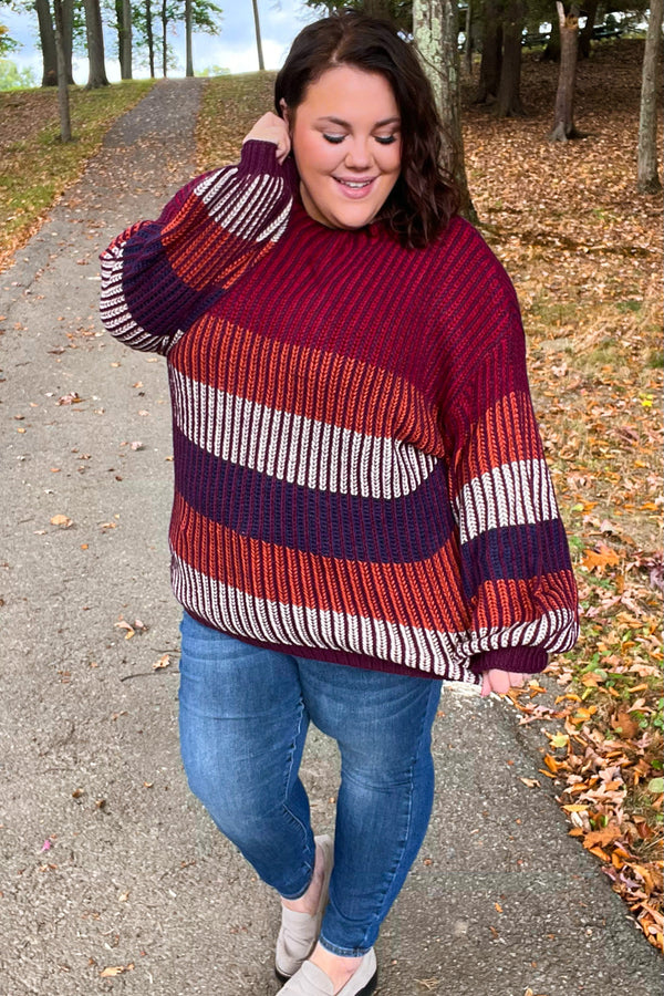 Take All Of Me Burgundy & Navy Stripe Oversized Sweater - Coeur de la Mode