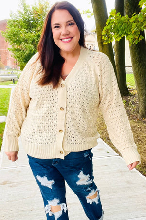 Follow Me Oatmeal Pointelle Knit Button Down Cardigan - Coeur de la Mode