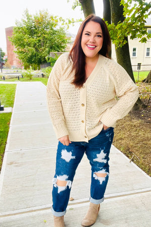 Follow Me Oatmeal Pointelle Knit Button Down Cardigan - Coeur de la Mode