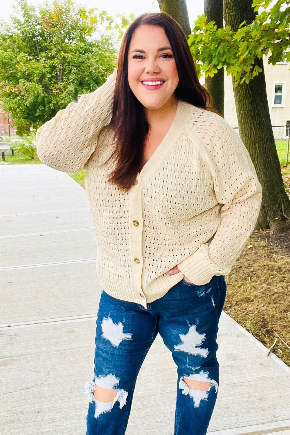 Follow Me Oatmeal Pointelle Knit Button Down Cardigan - Coeur de la Mode
