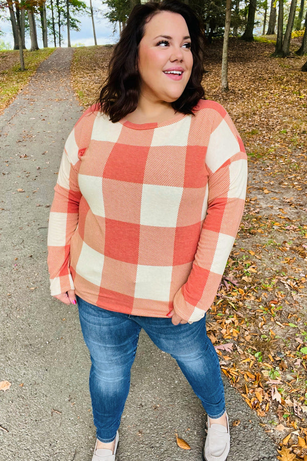Rust Checker Plaid French Terry Top - Coeur de la Mode