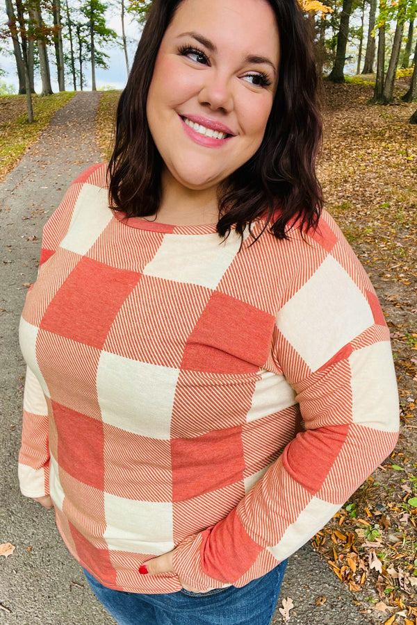 Rust Checker Plaid French Terry Top - Coeur de la Mode