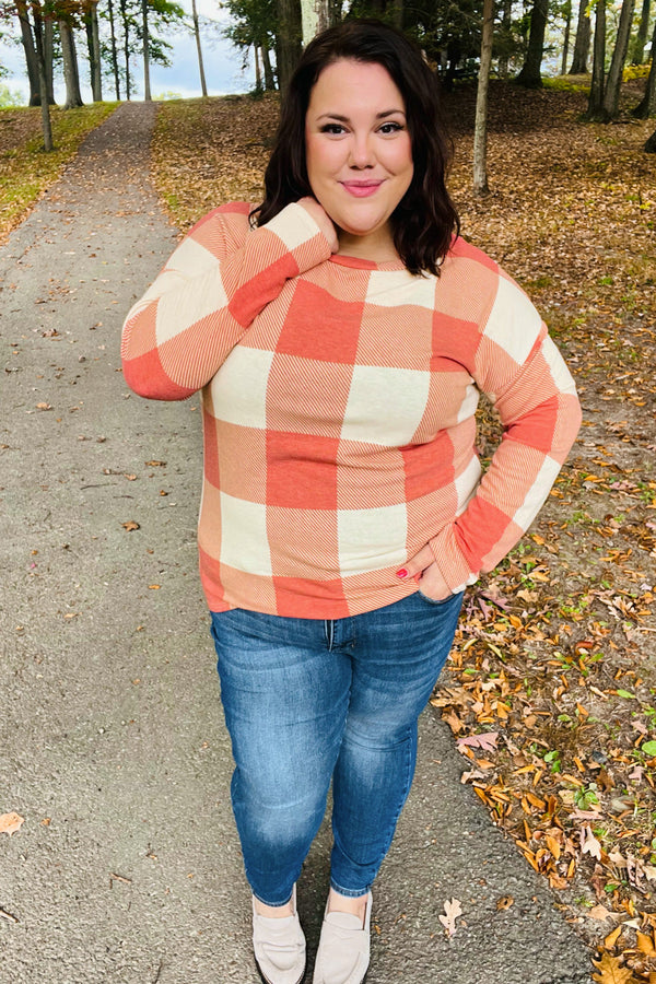 Rust Checker Plaid French Terry Top - Coeur de la Mode