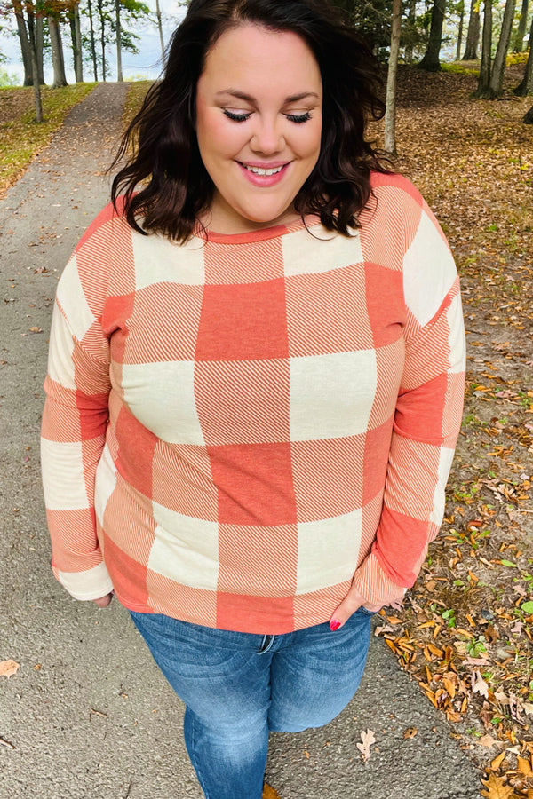 Rust Checker Plaid French Terry Top - Coeur de la Mode