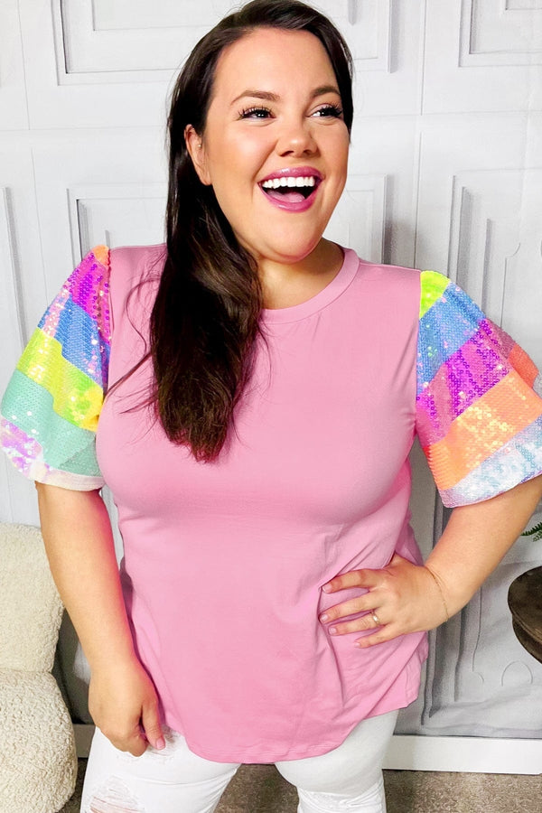 Stand Out Pink Rainbow Sequin Puff Sleeve Top - Coeur de la Mode