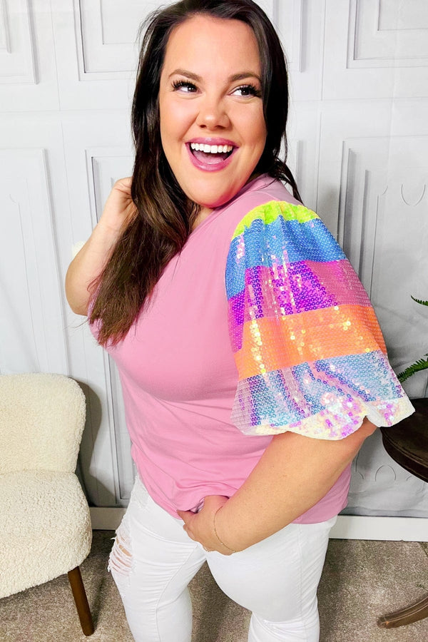 Stand Out Pink Rainbow Sequin Puff Sleeve Top - Coeur de la Mode