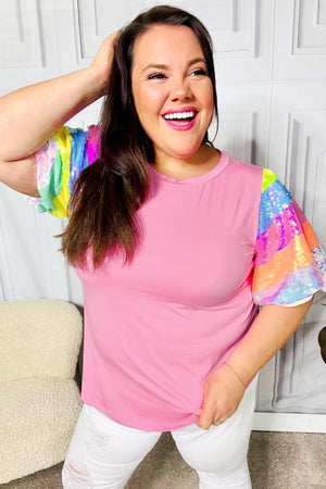 Stand Out Pink Rainbow Sequin Puff Sleeve Top - Coeur de la Mode