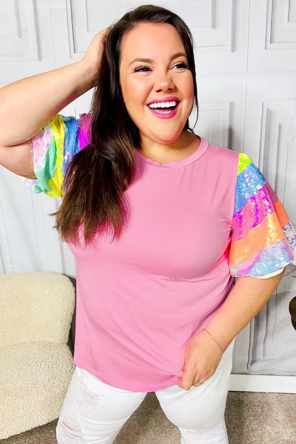Stand Out Pink Rainbow Sequin Puff Sleeve Top - Coeur de la Mode