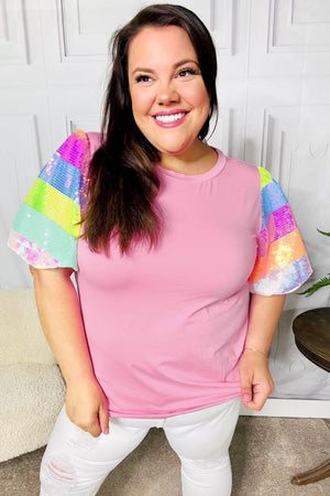 Stand Out Pink Rainbow Sequin Puff Sleeve Top - Coeur de la Mode