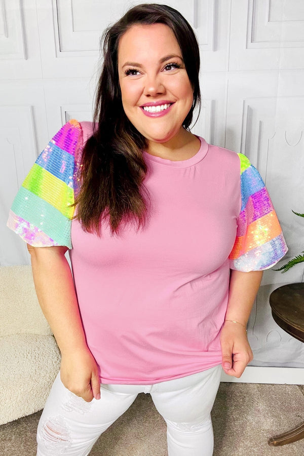 Stand Out Pink Rainbow Sequin Puff Sleeve Top - Coeur de la Mode