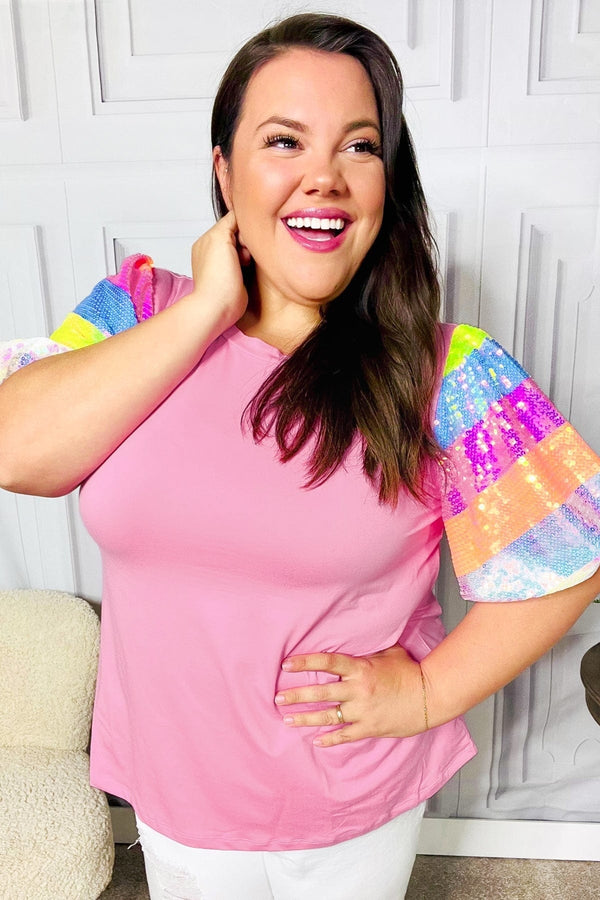 Stand Out Pink Rainbow Sequin Puff Sleeve Top - Coeur de la Mode