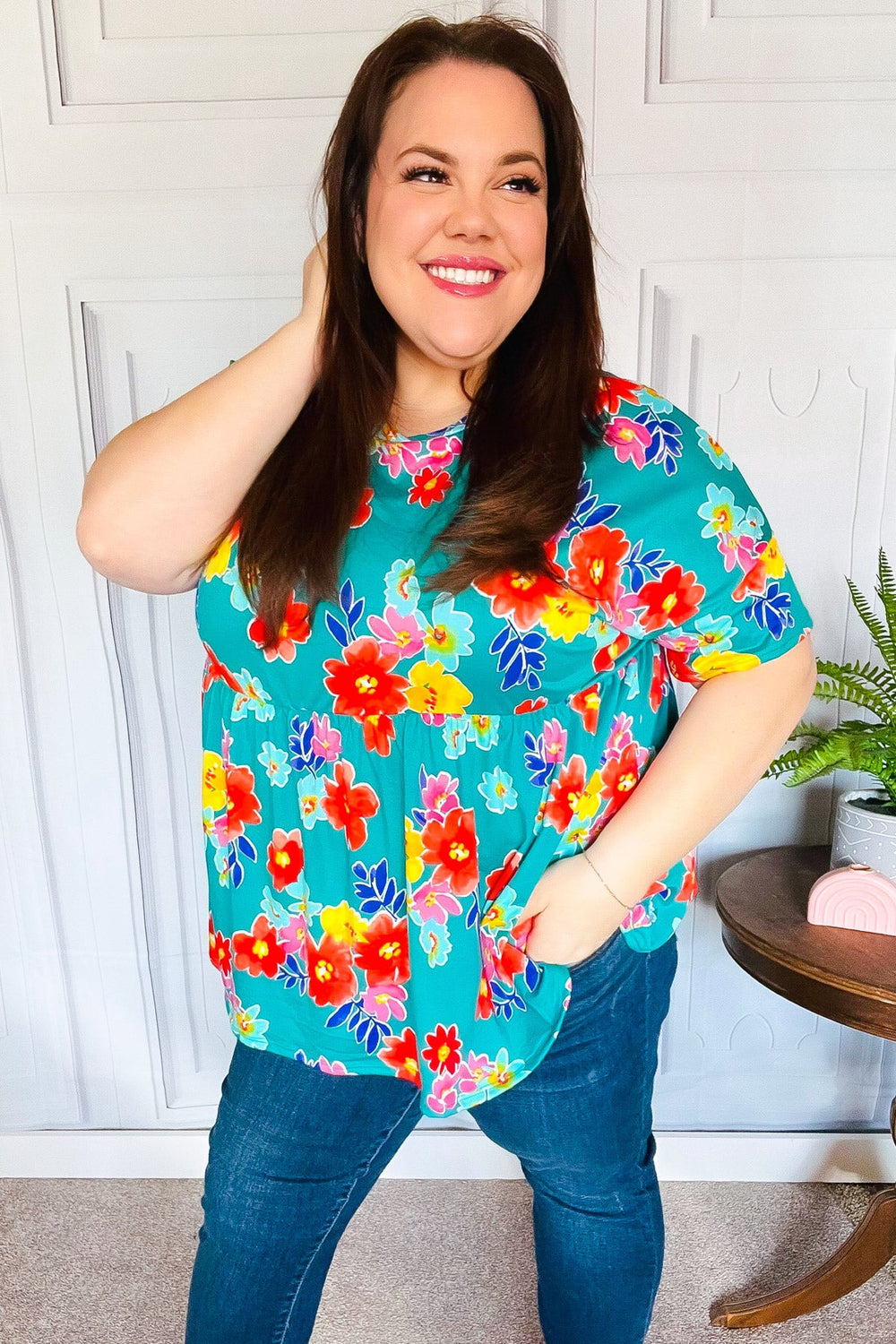 Take Me Away Teal Floral Drop Shoulder Babydoll Top - Coeur de la Mode