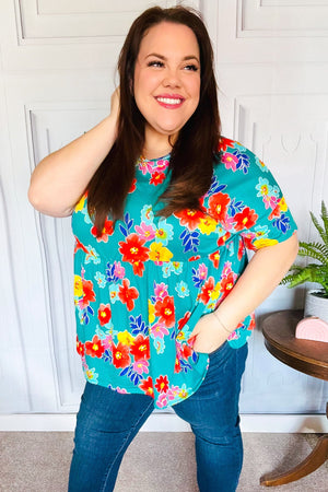 Take Me Away Teal Floral Drop Shoulder Babydoll Top - Coeur de la Mode