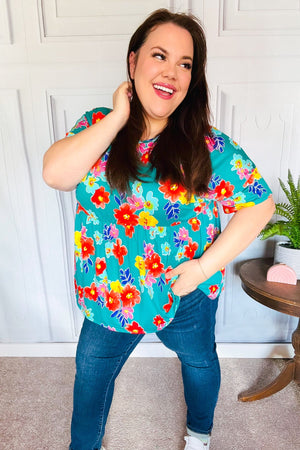 Take Me Away Teal Floral Drop Shoulder Babydoll Top - Coeur de la Mode