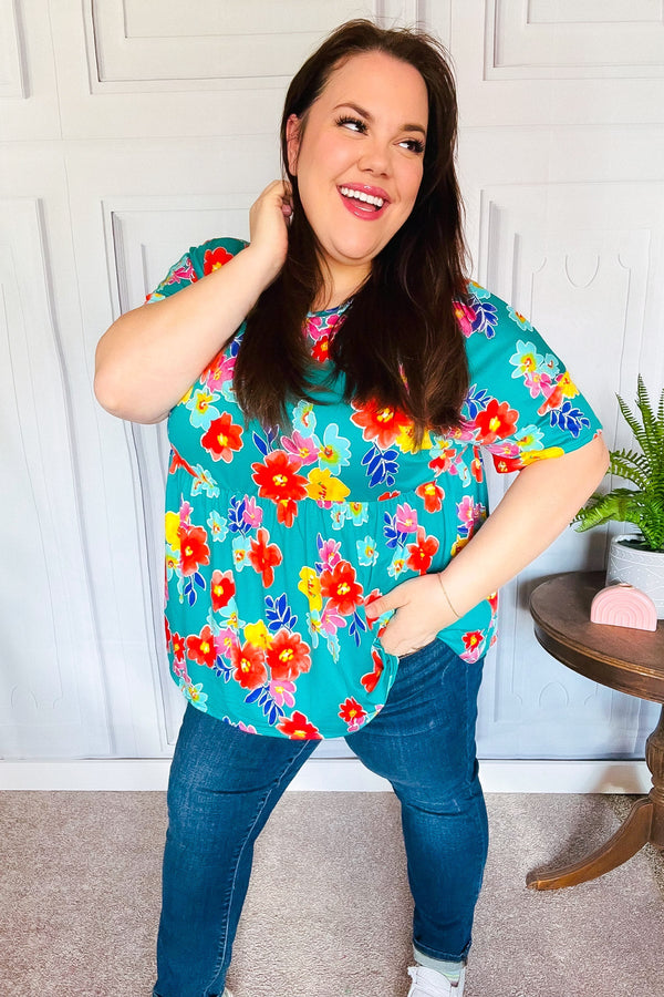 Take Me Away Teal Floral Drop Shoulder Babydoll Top - Coeur de la Mode
