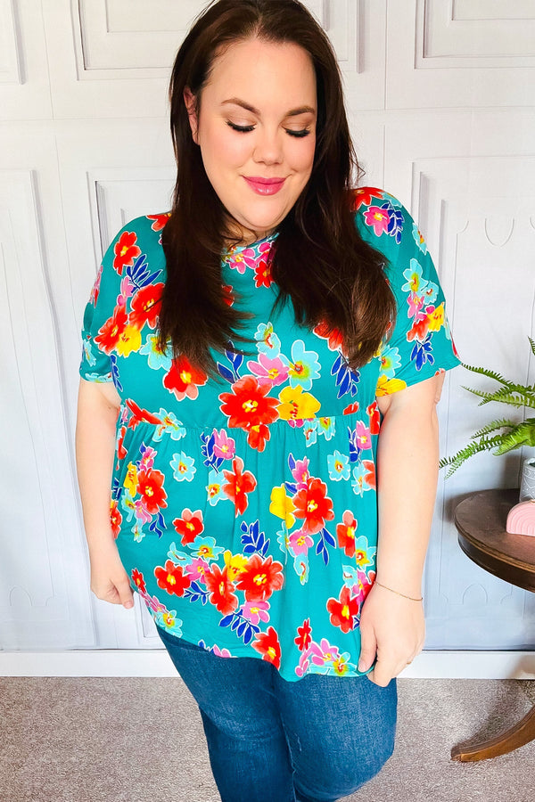 Take Me Away Teal Floral Drop Shoulder Babydoll Top - Coeur de la Mode