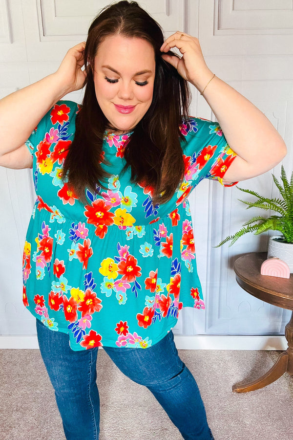 Take Me Away Teal Floral Drop Shoulder Babydoll Top - Coeur de la Mode