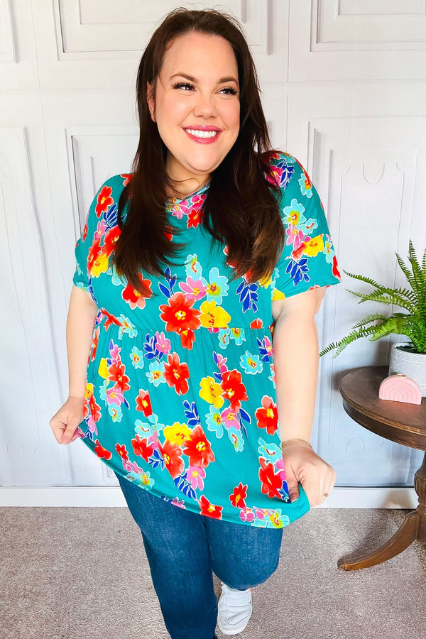Take Me Away Teal Floral Drop Shoulder Babydoll Top - Coeur de la Mode