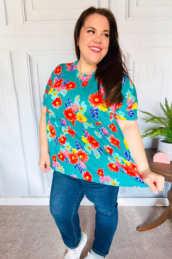 Take Me Away Teal Floral Drop Shoulder Babydoll Top - Coeur de la Mode