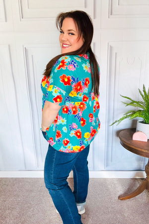 Take Me Away Teal Floral Drop Shoulder Babydoll Top - Coeur de la Mode