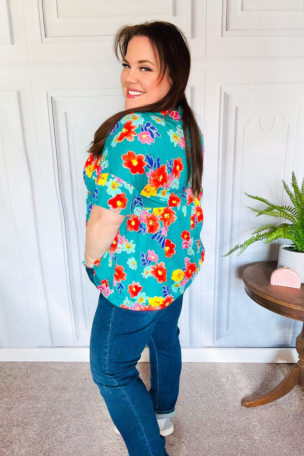 Take Me Away Teal Floral Drop Shoulder Babydoll Top - Coeur de la Mode