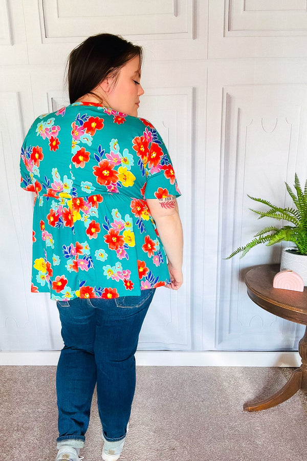 Take Me Away Teal Floral Drop Shoulder Babydoll Top - Coeur de la Mode