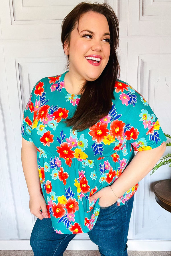 Take Me Away Teal Floral Drop Shoulder Babydoll Top - Coeur de la Mode