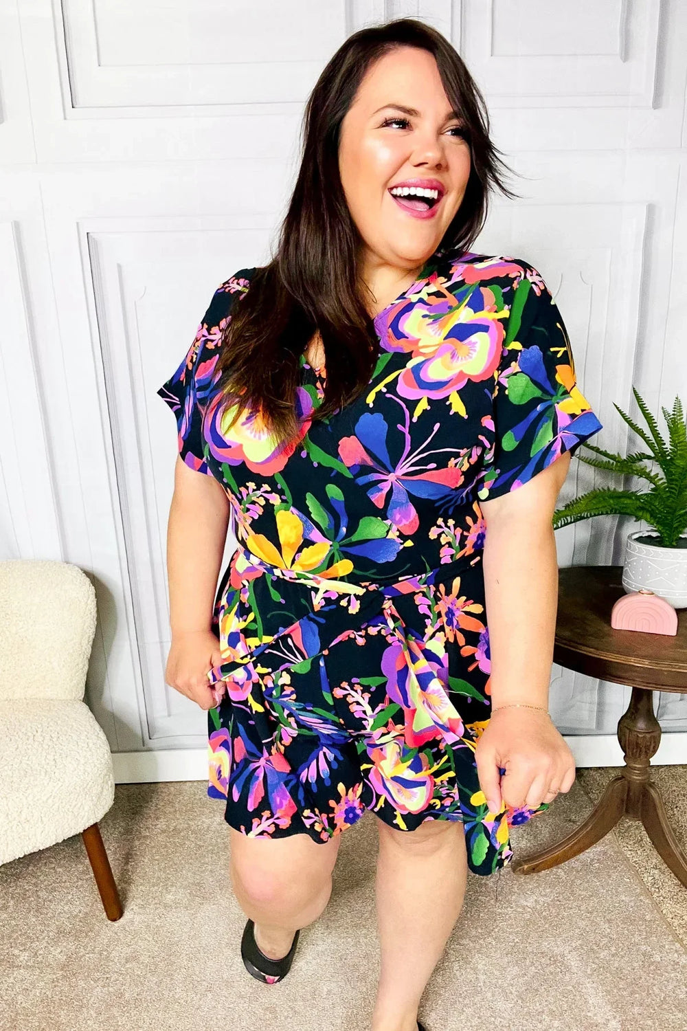 Live For Today Black Floral Surplice Woven Romper - Coeur de la Mode