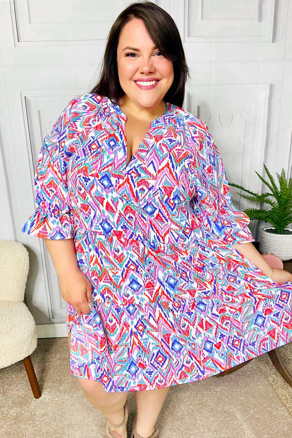 Love Found Blue & Lavender Ikat Print V Neck Dress - Coeur de la Mode