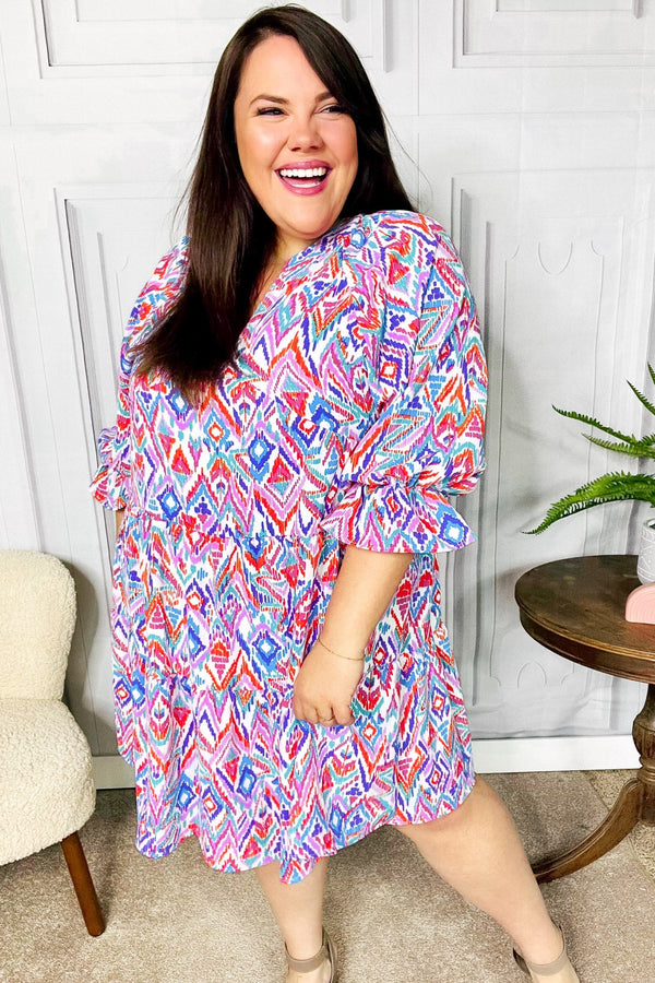 Love Found Blue & Lavender Ikat Print V Neck Dress - Coeur de la Mode