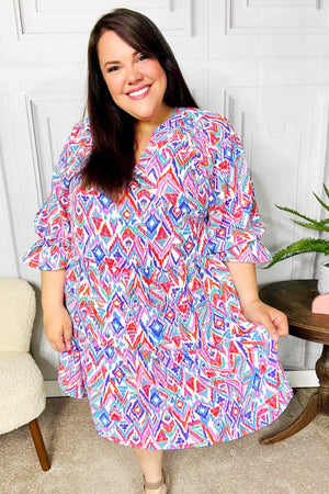 Love Found Blue & Lavender Ikat Print V Neck Dress - Coeur de la Mode