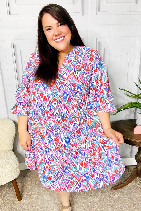 Love Found Blue & Lavender Ikat Print V Neck Dress - Coeur de la Mode
