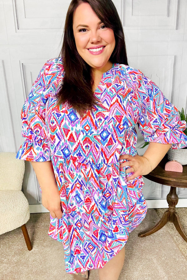 Love Found Blue & Lavender Ikat Print V Neck Dress - Coeur de la Mode