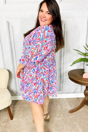 Love Found Blue & Lavender Ikat Print V Neck Dress - Coeur de la Mode
