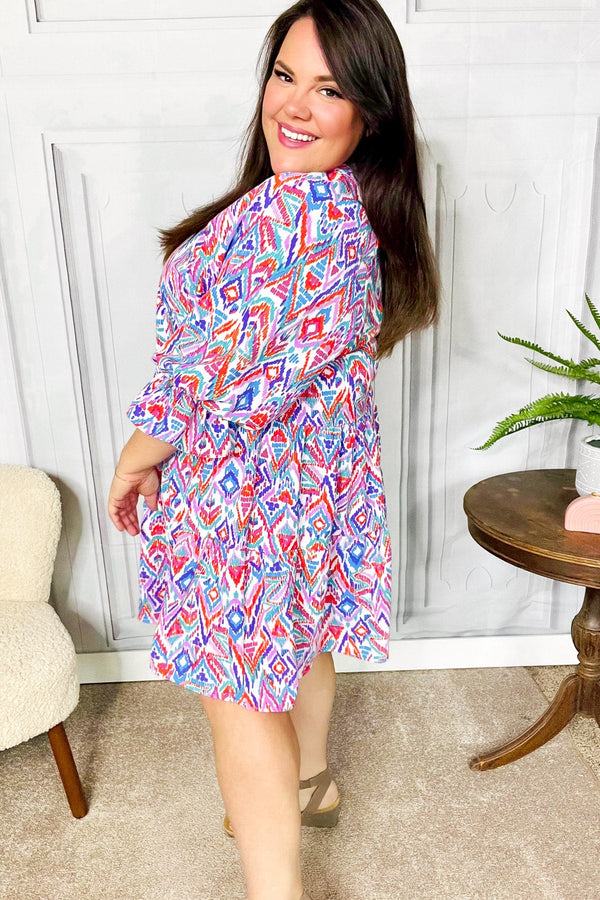 Love Found Blue & Lavender Ikat Print V Neck Dress - Coeur de la Mode