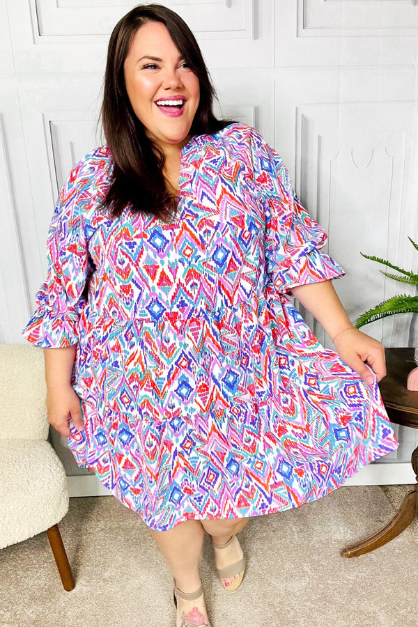 Love Found Blue & Lavender Ikat Print V Neck Dress - Coeur de la Mode