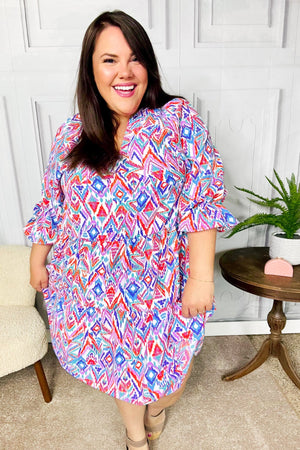 Love Found Blue & Lavender Ikat Print V Neck Dress - Coeur de la Mode