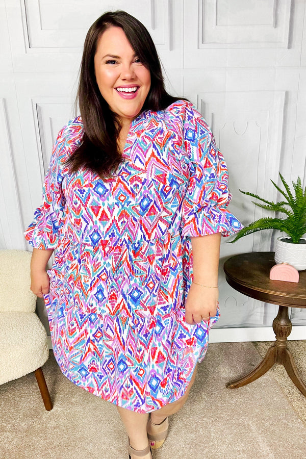 Love Found Blue & Lavender Ikat Print V Neck Dress - Coeur de la Mode