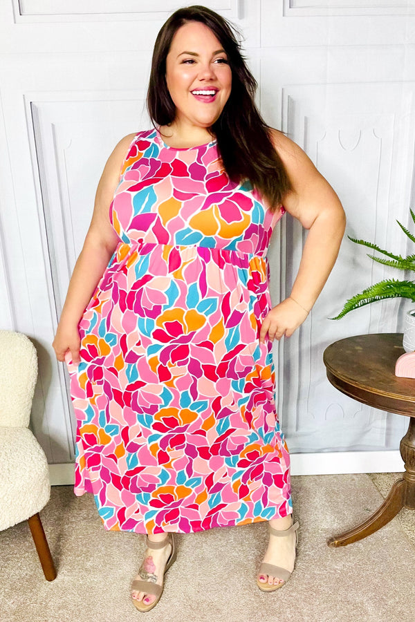 Hello Beautiful Fuchsia Abstract Floral Fit & Flare Maxi Dress - Coeur de la Mode