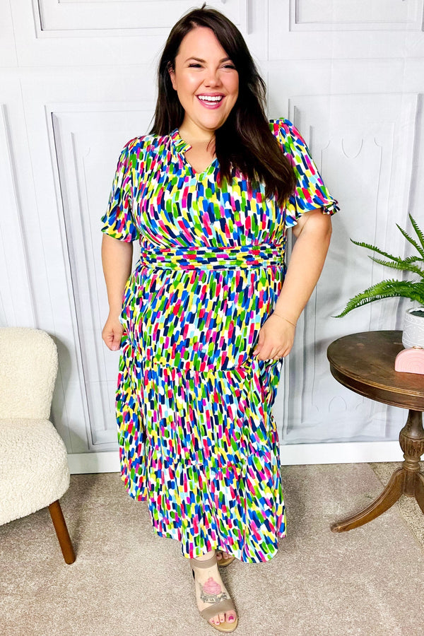 All For You Navy Multicolor Abstract Print Smocked Waist Maxi Dress - Coeur de la Mode