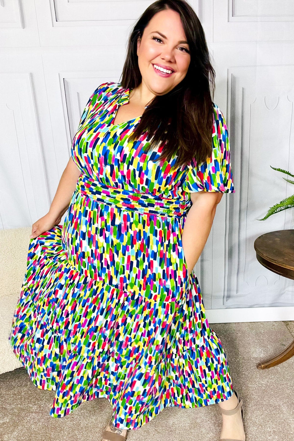 All For You Navy Multicolor Abstract Print Smocked Waist Maxi Dress - Coeur de la Mode