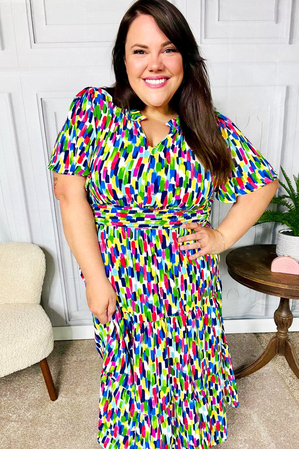 All For You Navy Multicolor Abstract Print Smocked Waist Maxi Dress - Coeur de la Mode