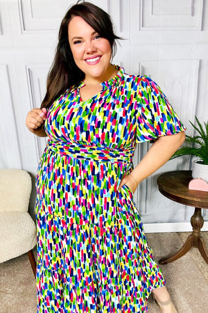 All For You Navy Multicolor Abstract Print Smocked Waist Maxi Dress - Coeur de la Mode