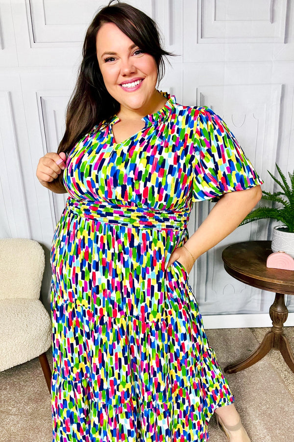 All For You Navy Multicolor Abstract Print Smocked Waist Maxi Dress - Coeur de la Mode