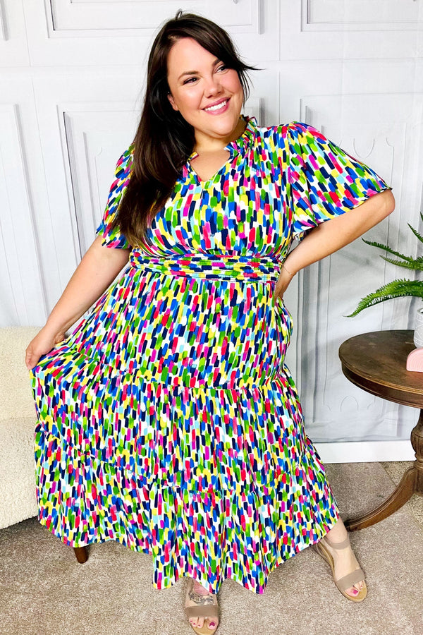 All For You Navy Multicolor Abstract Print Smocked Waist Maxi Dress - Coeur de la Mode