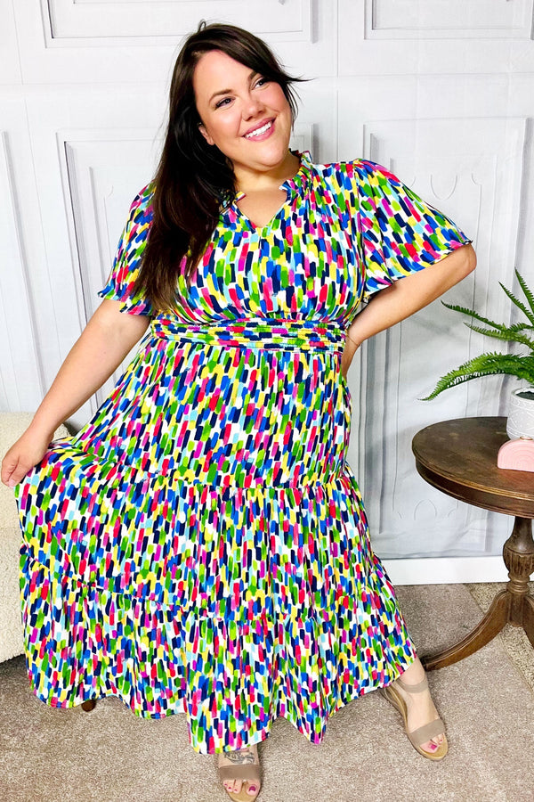All For You Navy Multicolor Abstract Print Smocked Waist Maxi Dress - Coeur de la Mode