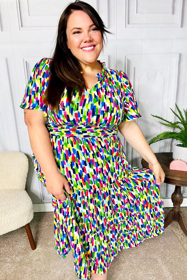 All For You Navy Multicolor Abstract Print Smocked Waist Maxi Dress - Coeur de la Mode
