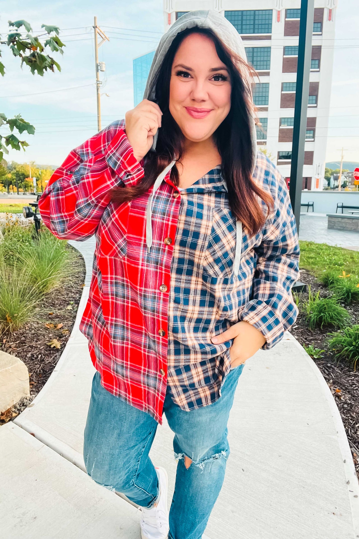 Main Attraction Red & Navy Plaid Color Block Button Down Hoodie