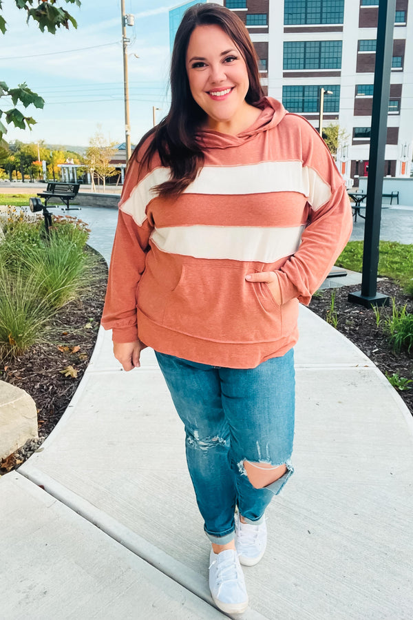 Feeling Playful Rust Stripe Color Block French Terry Hoodie - Coeur de la Mode